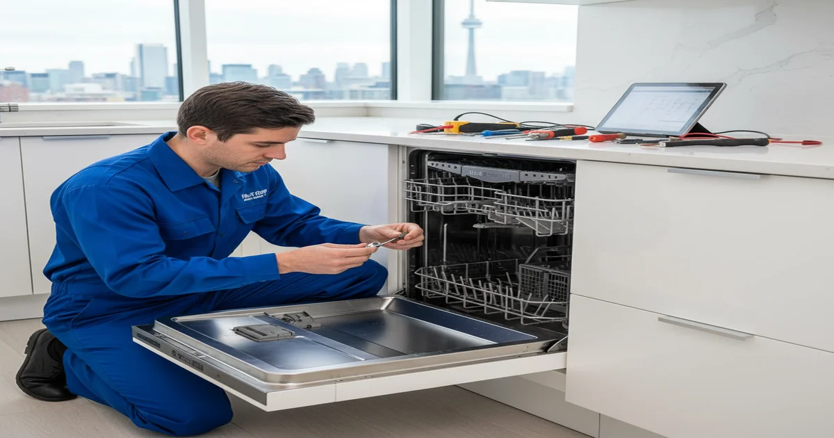 Professional dishwasher repair technician servicing modern appliance in Toronto home