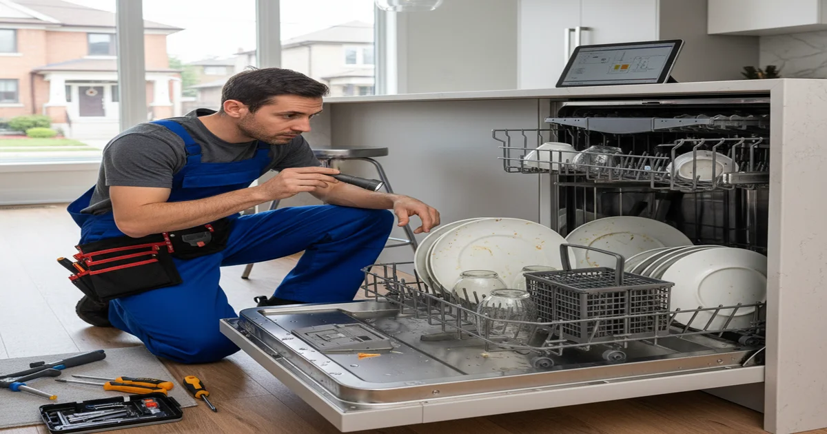 Professional dishwasher repair technician servicing modern appliance in Toronto home