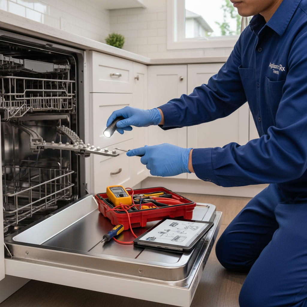 Professional dishwasher repair technician examining dishwasher interior and spray arms for hard water mineral deposits
