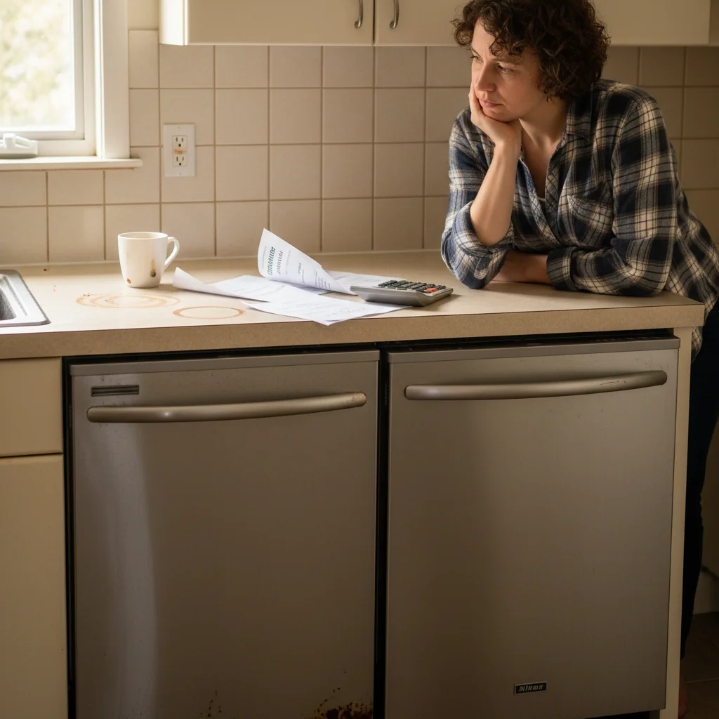 Professional technician evaluating dishwasher repair versus replacement options with cost comparison charts and diagnostic tools