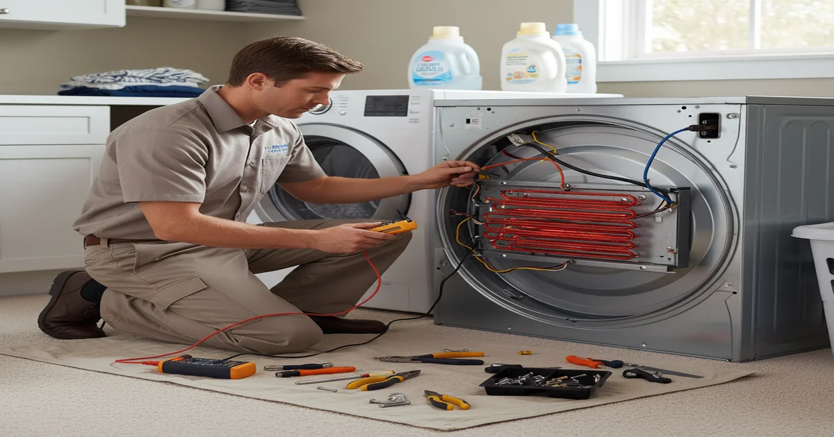 Dryer repair expert servicing appliance in clean laundry room
