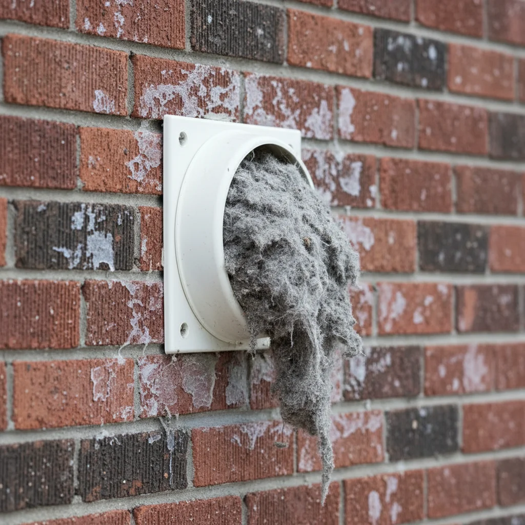 Professional technician cleaning lint-clogged dryer vent with specialized rotary brush equipment to prevent house fire