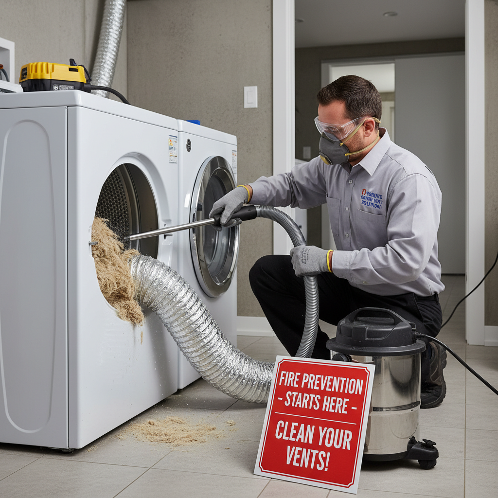 Professional dryer vent cleaning technician removing lint buildup from dryer vent hose - fire prevention