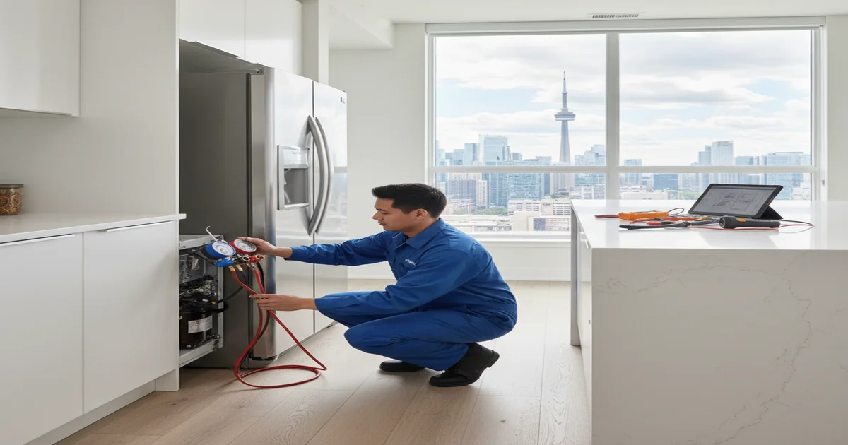 Refrigerator repair specialist diagnosing cooling issues in modern kitchen