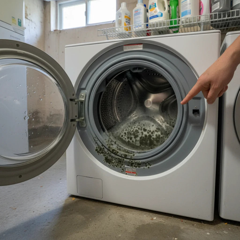 Front-load washing machine with door open showing rubber gasket seal and internal drum for mold prevention and maintenance