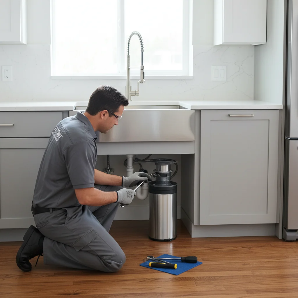 Garbage disposal repair technician working under kitchen sink