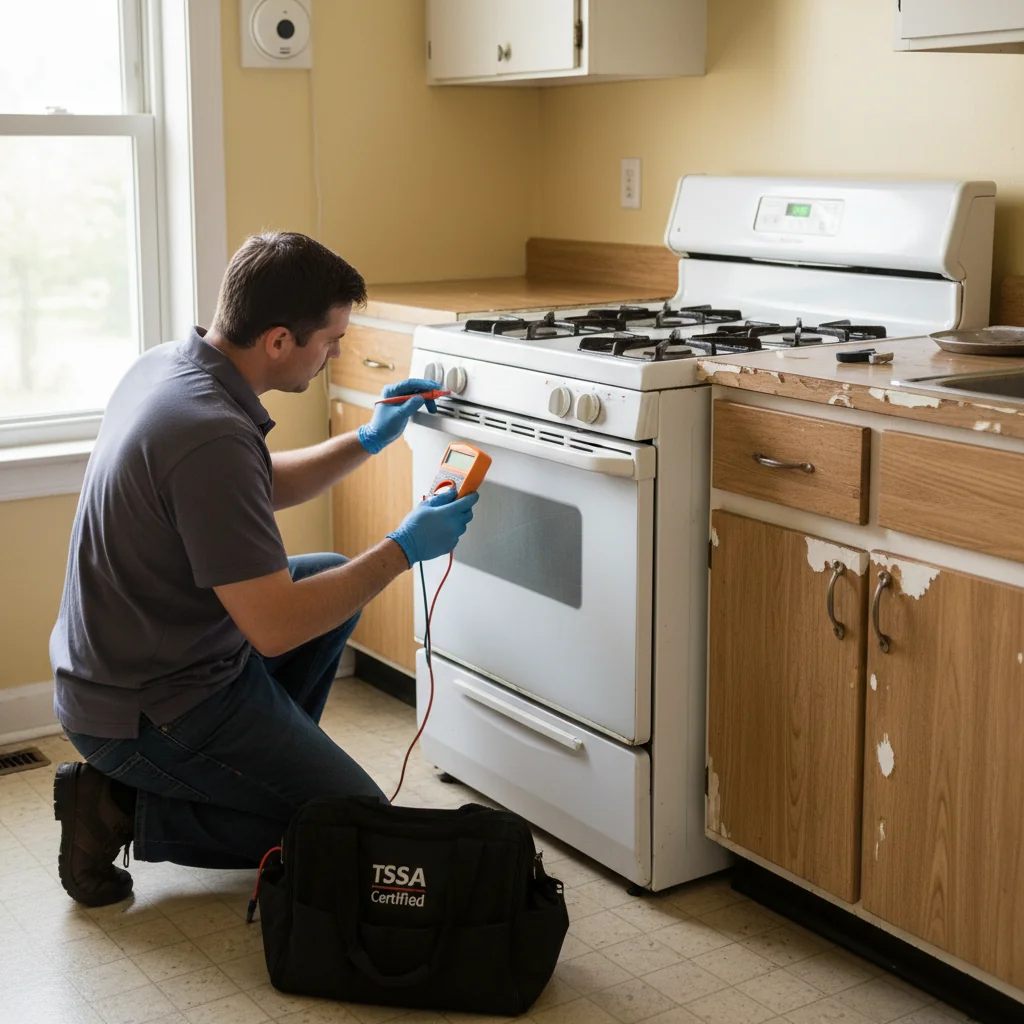 TSSA-certified gas technician performing safety inspection on gas range in Toronto kitchen