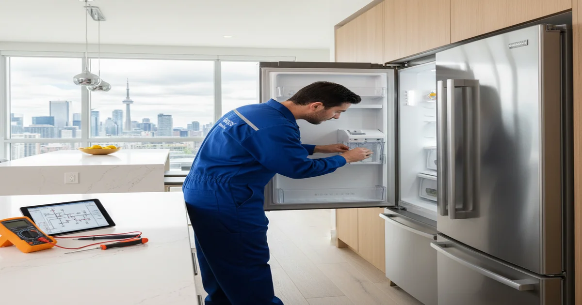 Refrigerator repair specialist diagnosing cooling issues in modern kitchen