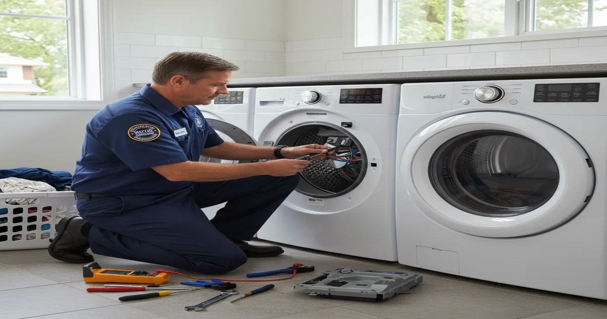 Washing machine repair technician inspecting appliance components