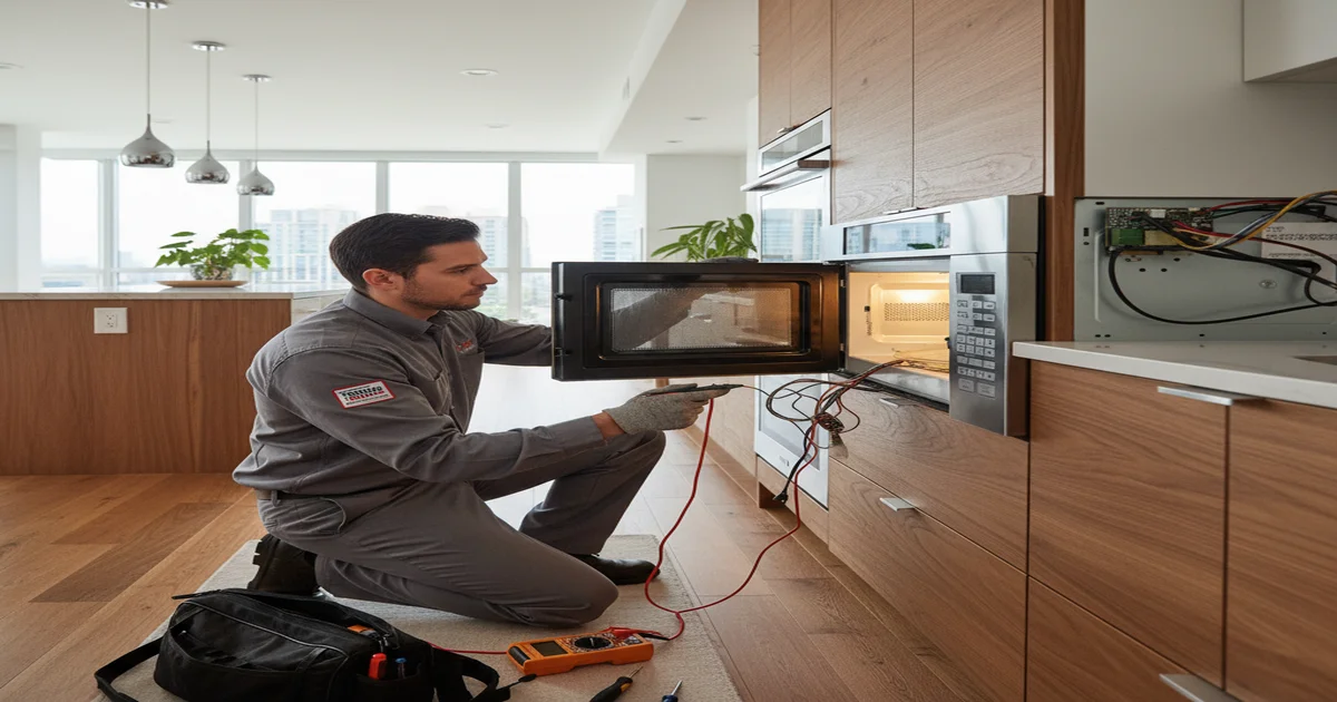 Microwave repair specialist diagnosing appliance issues