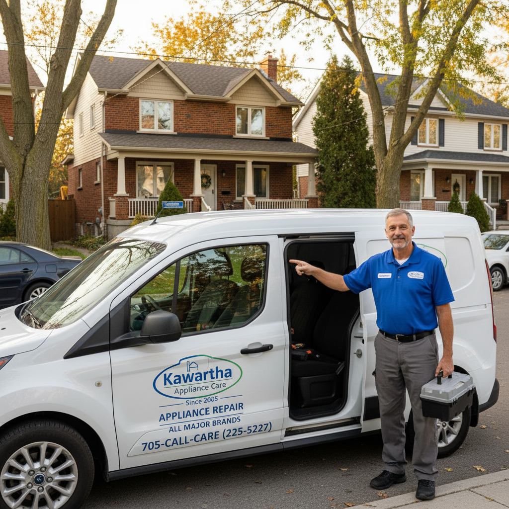 Nika Appliance Repair service van and technician in Peterborough Ontario residential neighborhood