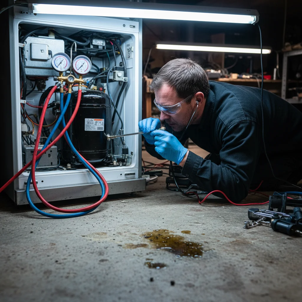 Professional technician diagnosing refrigerator compressor failure with testing equipment in Toronto home