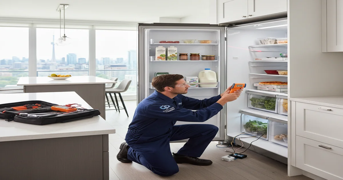 Refrigerator repair specialist diagnosing cooling issues in modern kitchen