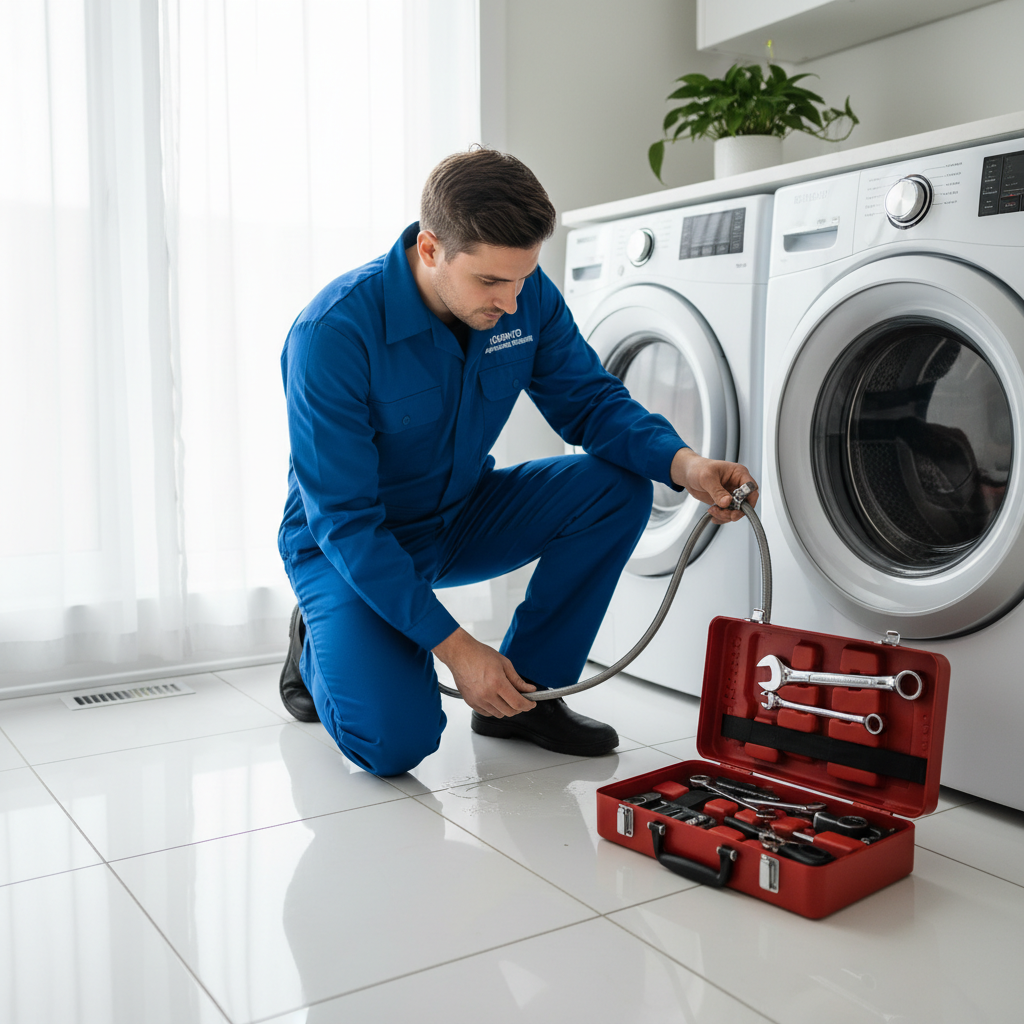 Professional washing machine repair technician in Toronto home checking water hose for leaks