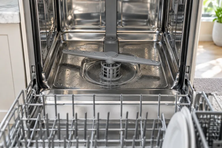 Open dishwasher with a lower spray arm and filter — illustrative photo