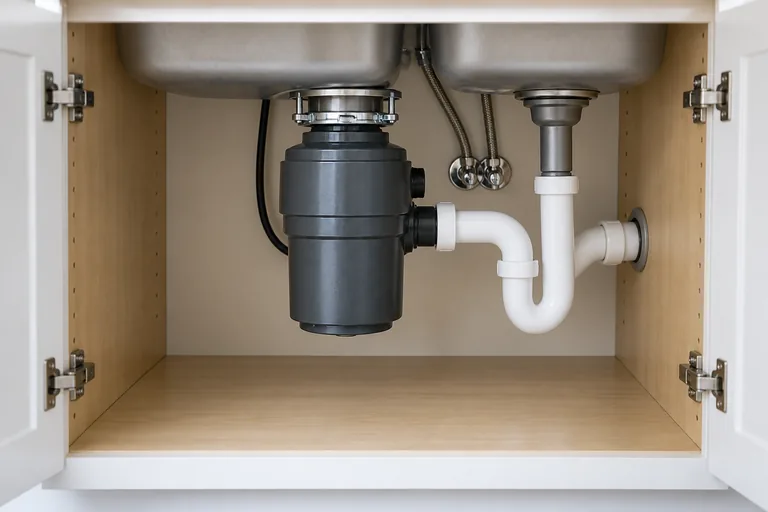 Garbage disposal installed beneath a kitchen sink — illustrative photo