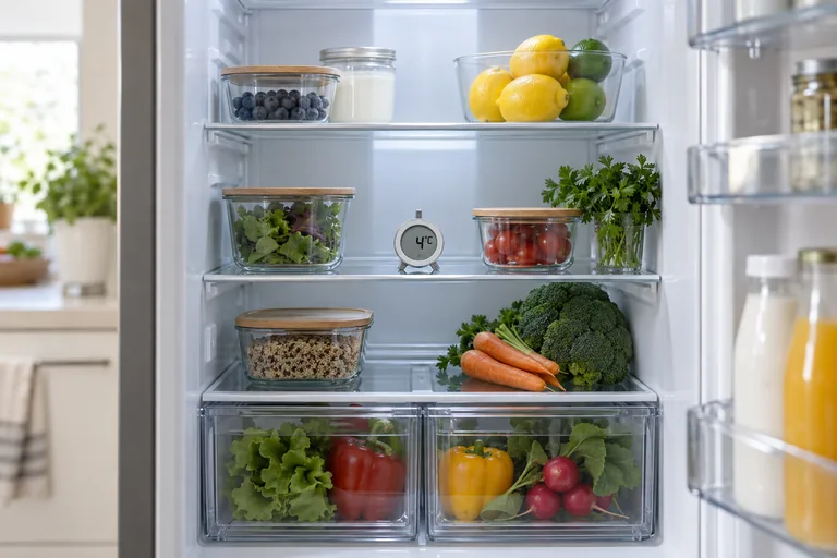 Refrigerator interior with a shelf thermometer — illustrative photo
