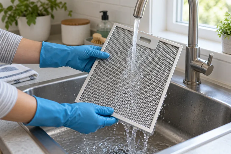 Rinsing a range hood filter at a kitchen sink — illustrative photo