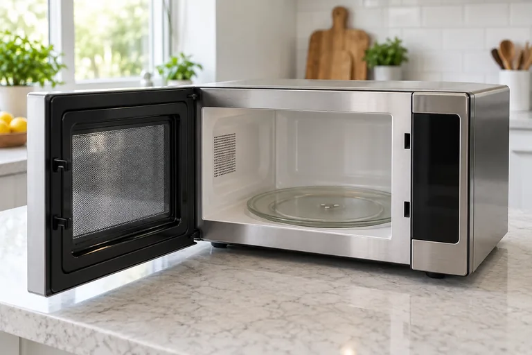 Microwave with its door open and interior visible — illustrative photo