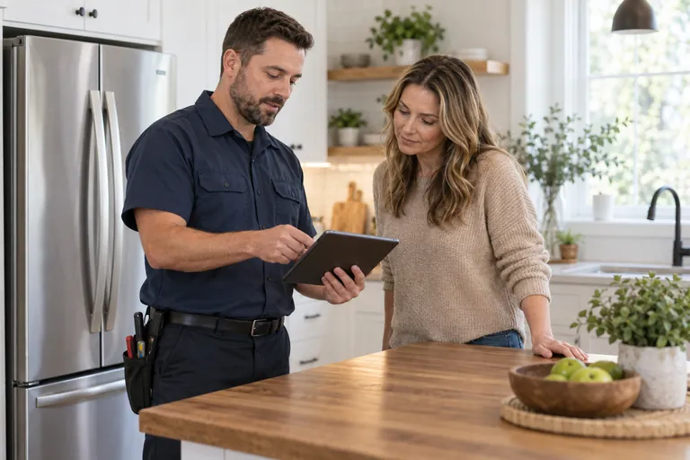 Technician explaining a repair estimate to a homeowner