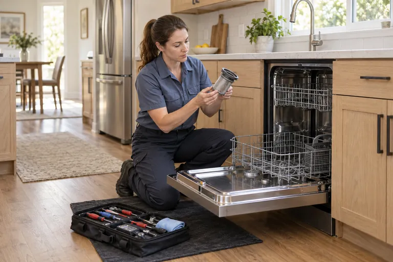 Technician inspecting a dishwasher filter