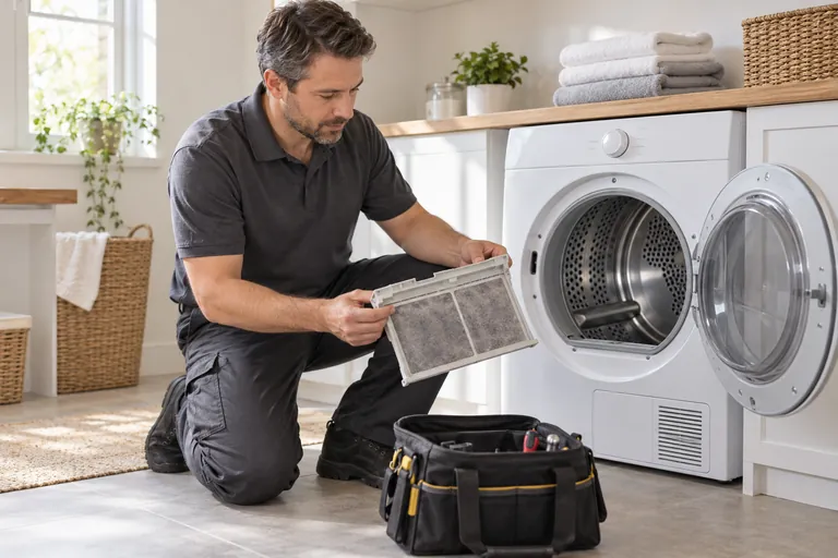Technician inspecting a clothes dryer — illustrative service photo