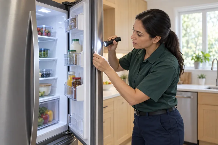 Technician inspecting a refrigerator door gasket