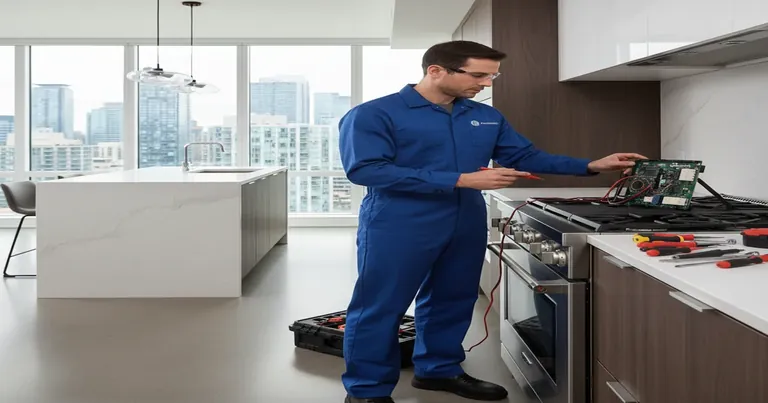 Professional appliance repair technician servicing household appliances
