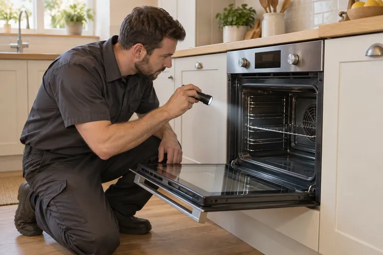 Technician inspecting an oven — illustrative service photo