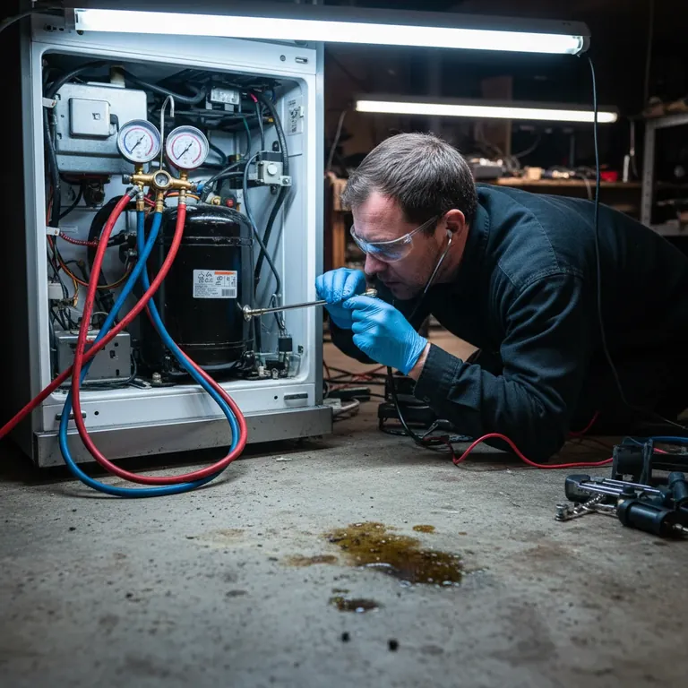 Professional technician diagnosing refrigerator compressor failure with testing equipment in Toronto home