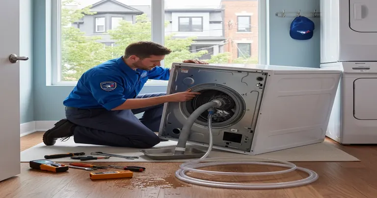 Washing machine repair technician inspecting appliance components