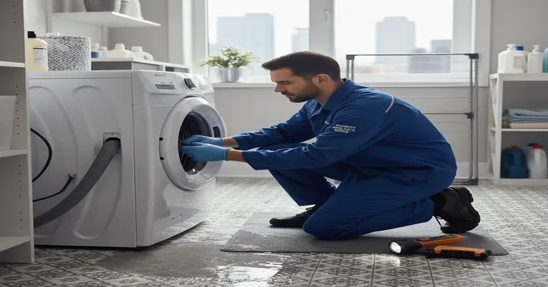Washing machine repair technician inspecting appliance components